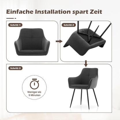 Graue Samt Esszimmerstühle 4er-Set mit Armlehnen & Metallgestell