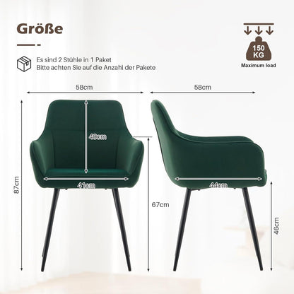 Samt Esszimmerstühle 6er Set mit Armlehnen, Grün
