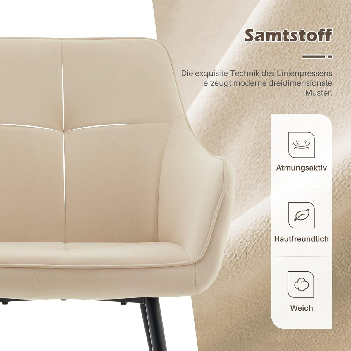 Beige Samt Esszimmerstühle 4er-Set mit Armlehnen