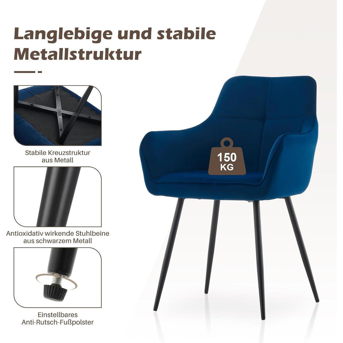 Esszimmerstühle 2er Set Blau Samt mit Armlehne