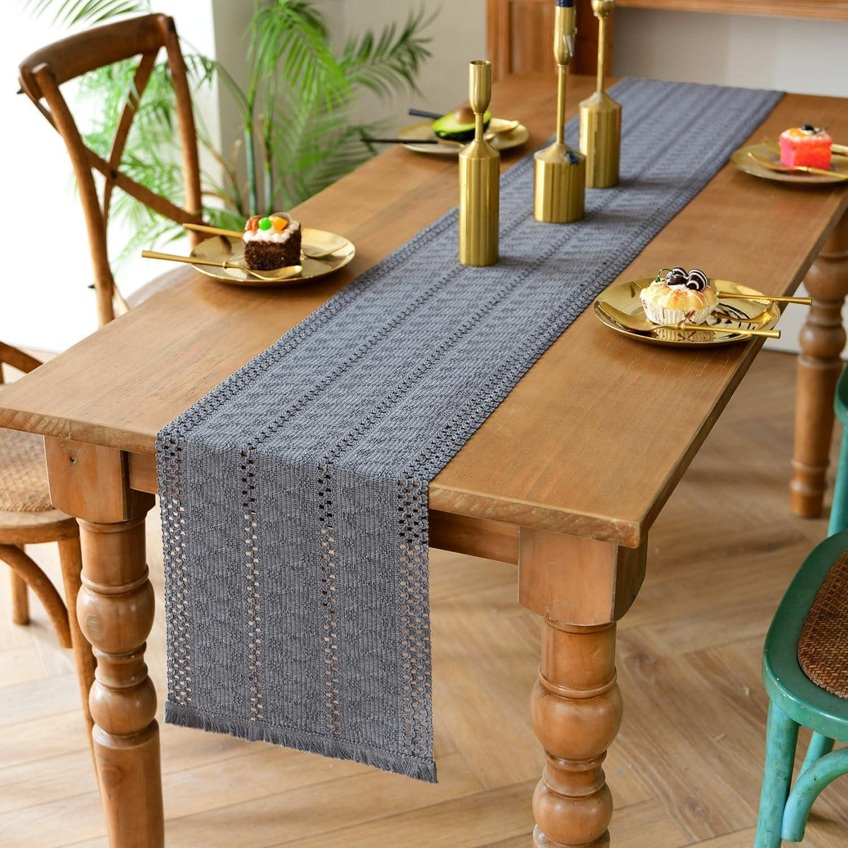 Tischläufer Makramee Grau mit Quasten – Boho Baumwolle Leinen 30x140 cm