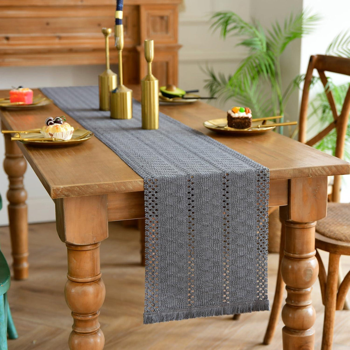 Tischläufer Makramee Grau mit Quasten – Boho Baumwolle Leinen 30x140 cm