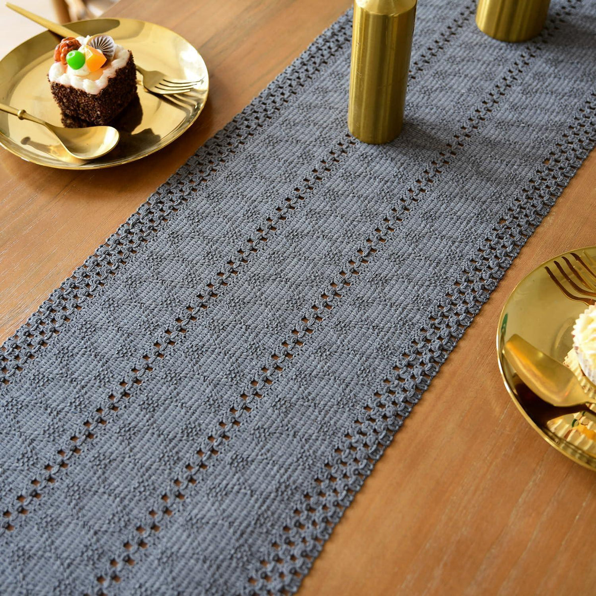 Tischläufer Makramee Grau mit Quasten – Boho Baumwolle Leinen 30x140 cm