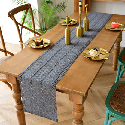 Tischläufer Makramee Grau mit Quasten – Boho Baumwolle Leinen 30x140 cm