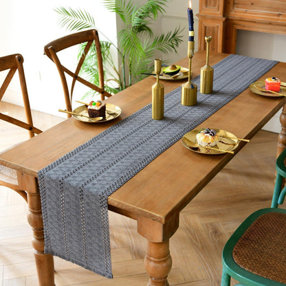 Tischläufer Makramee Grau mit Quasten – Boho Baumwolle Leinen 30x140 cm