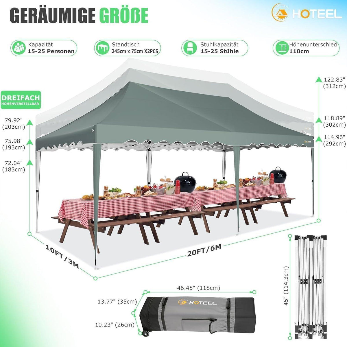 Faltpavillon 3x6 mit 6 Seitenwänden – Wasserdicht & Stabil