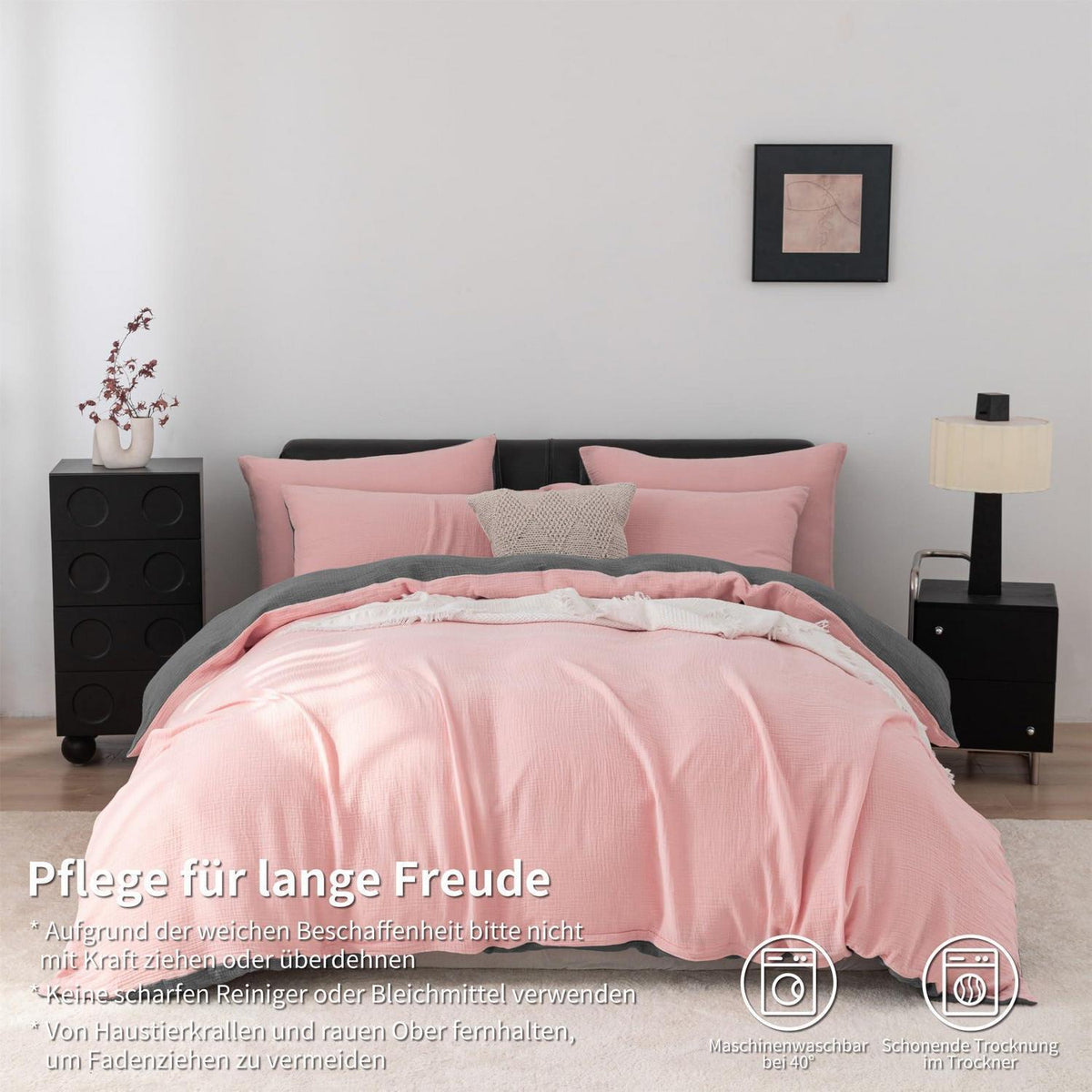 Doppelte Muslin Bettwäsche 155x220 Rosa Grau – 3-teilig