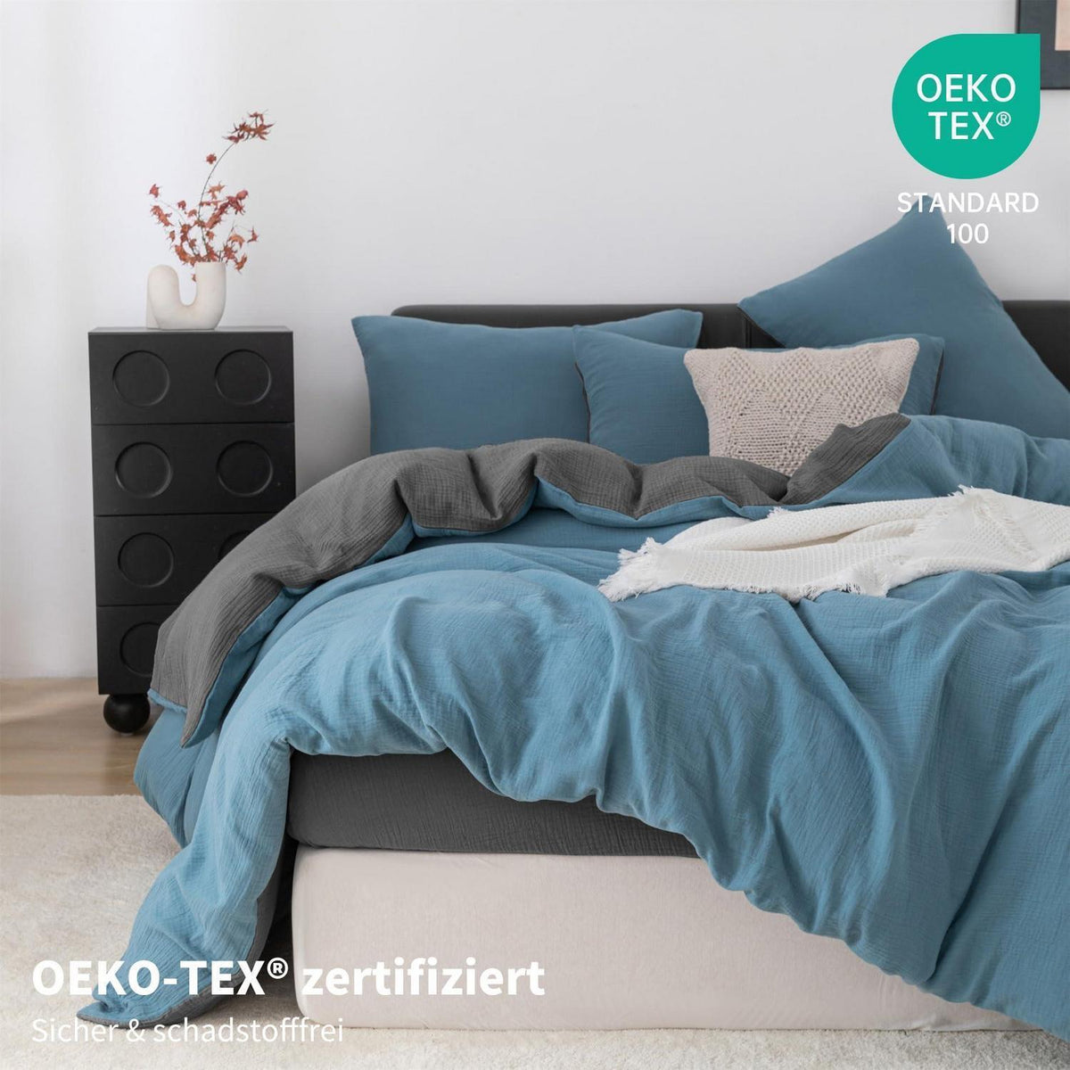 Doppelte Muslin Bettwäsche 220x240 Petrol Grau – 3-teilig