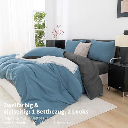 Doppelte Muslin Bettwäsche 220x240 Petrol Grau – 3-teilig