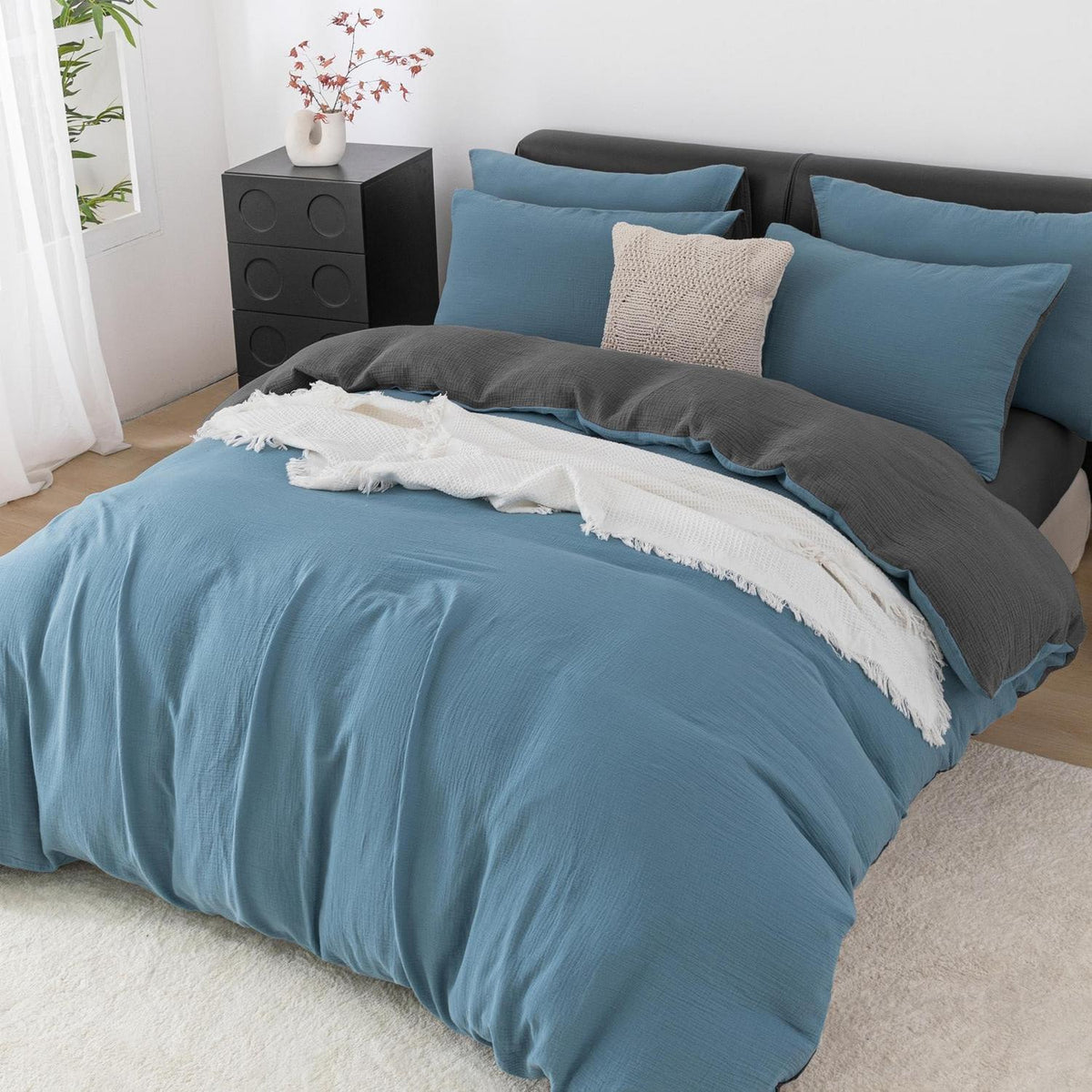 Doppelte Muslin Bettwäsche Petrol Grau 155x220 cm - 3-teilig