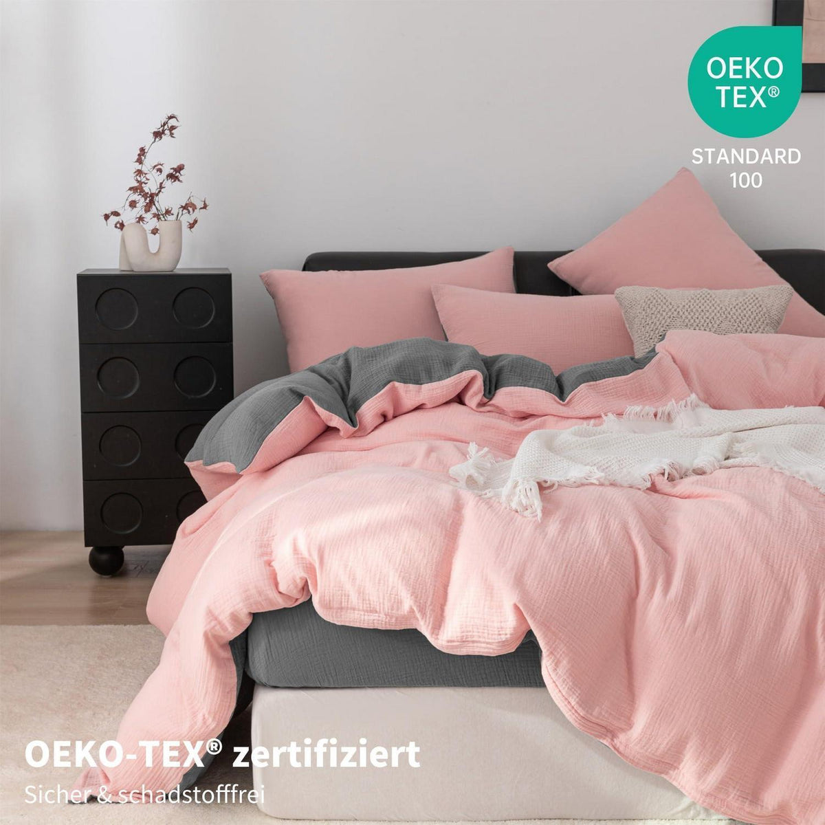 Doppelte Muslin Bettwäsche 220x240 Rosa Grau – Weich & Atmungsaktiv
