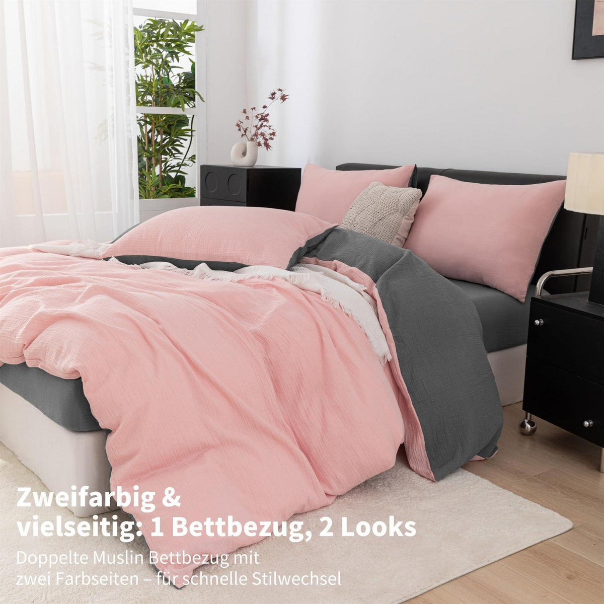 Doppelte Muslin Bettwäsche 200x220 Rosa Grau – Weich & Atmungsaktiv