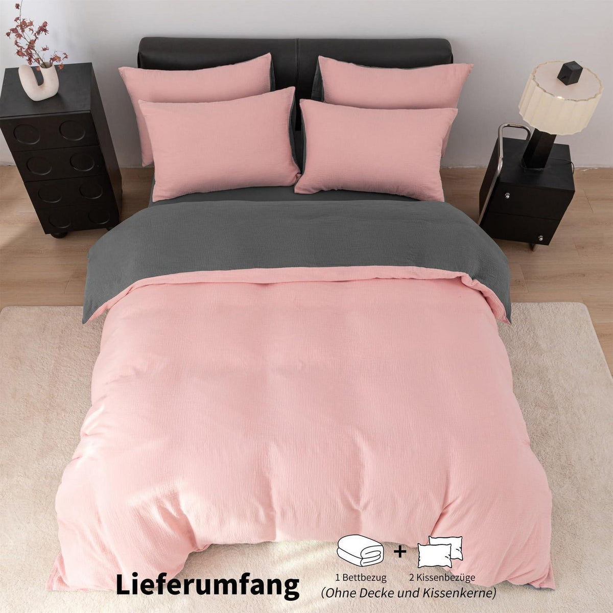 Doppelte Muslin Bettwäsche 200x220 Rosa Grau – Weich & Atmungsaktiv