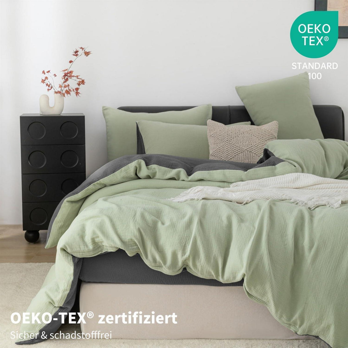 Doppelte Muslin Bettwäsche 200x200 Grün Grau – 3-teilig & Atmungsaktiv