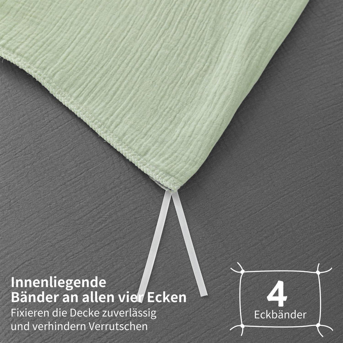 Doppelte Muslin Bettwäsche 200x200 Grün Grau – 3-teilig & Atmungsaktiv