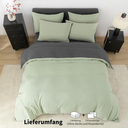 Doppelte Muslin Bettwäsche 200x200 Grün Grau – 3-teilig & Atmungsaktiv