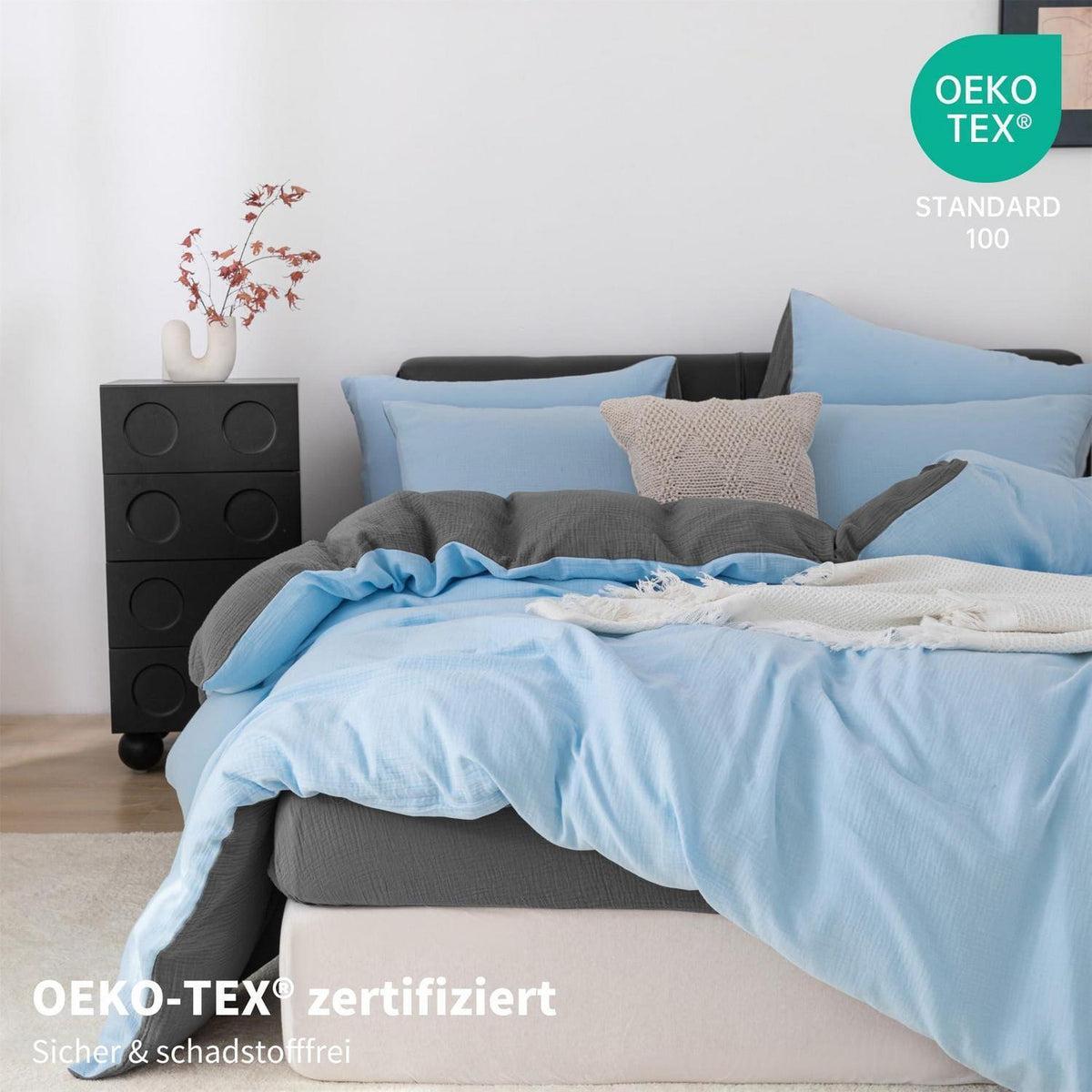 Doppelte Muslin Bettwäsche 220x240 Blau Grau – 3-teilig