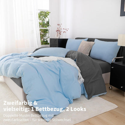 Doppelte Muslin Bettwäsche 220x240 Blau Grau – 3-teilig