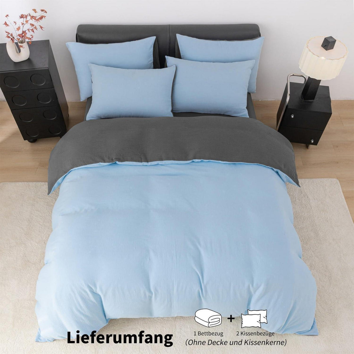 Doppelte Muslin Bettwäsche 220x240 Blau Grau – 3-teilig