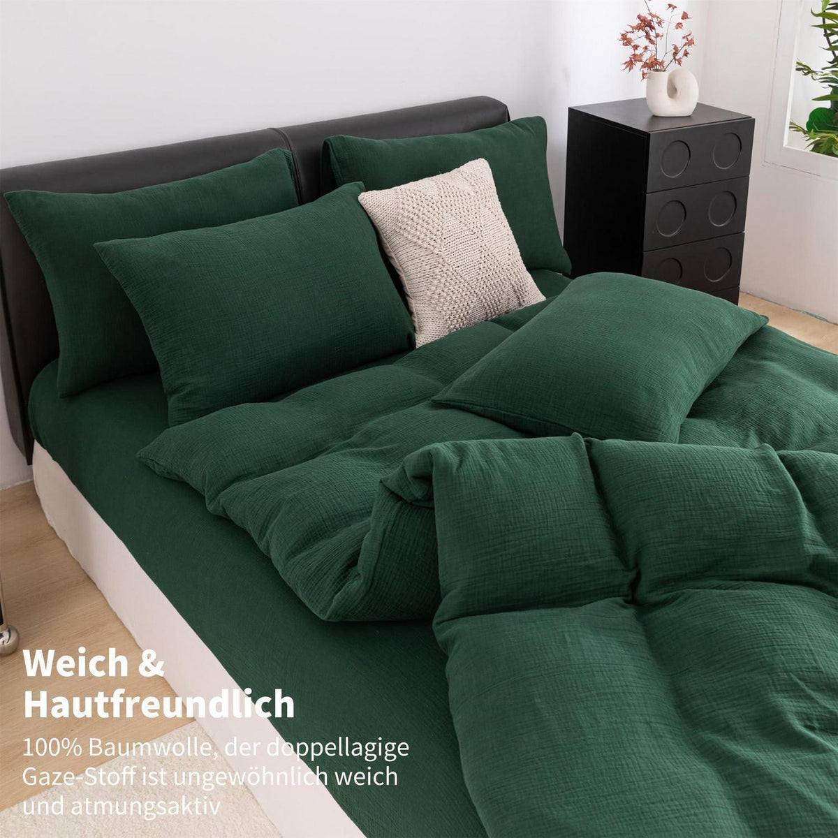 Doppelte Muslin Bettwäsche Dunkelgrün 200x220 cm - 3-teilig