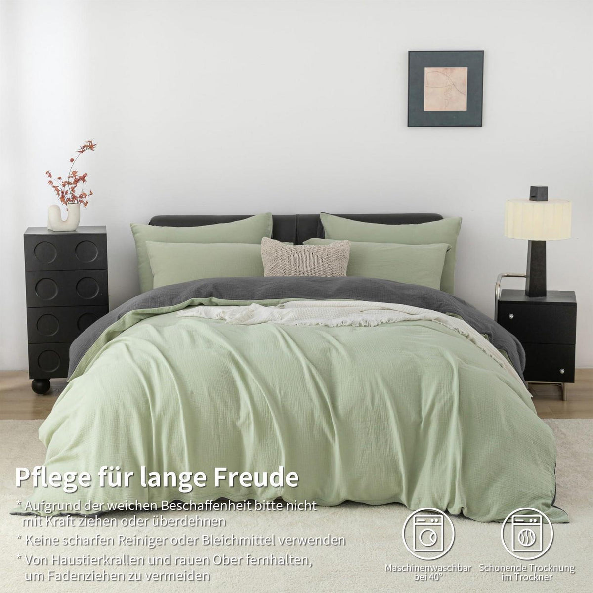 Doppelte Muslin Bettwäsche 200x220 Grün Grau – Weich & Atmungsaktiv