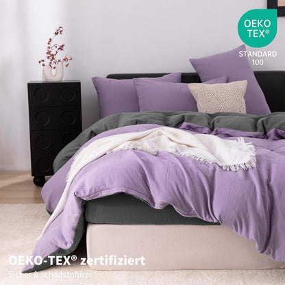 Doppelte Muslin Bettwäsche Lila Grau 220x240 cm - 3-teilig