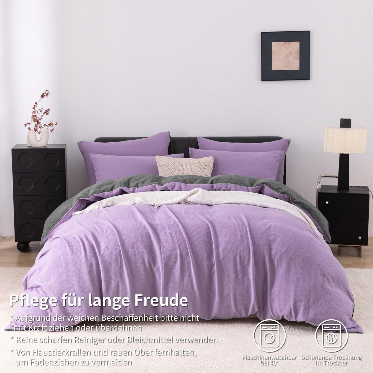 Doppelte Muslin Bettwäsche Lila Grau 220x240 cm - 3-teilig