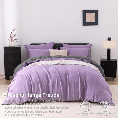Doppelte Muslin Bettwäsche Lila Grau 220x240 cm - 3-teilig