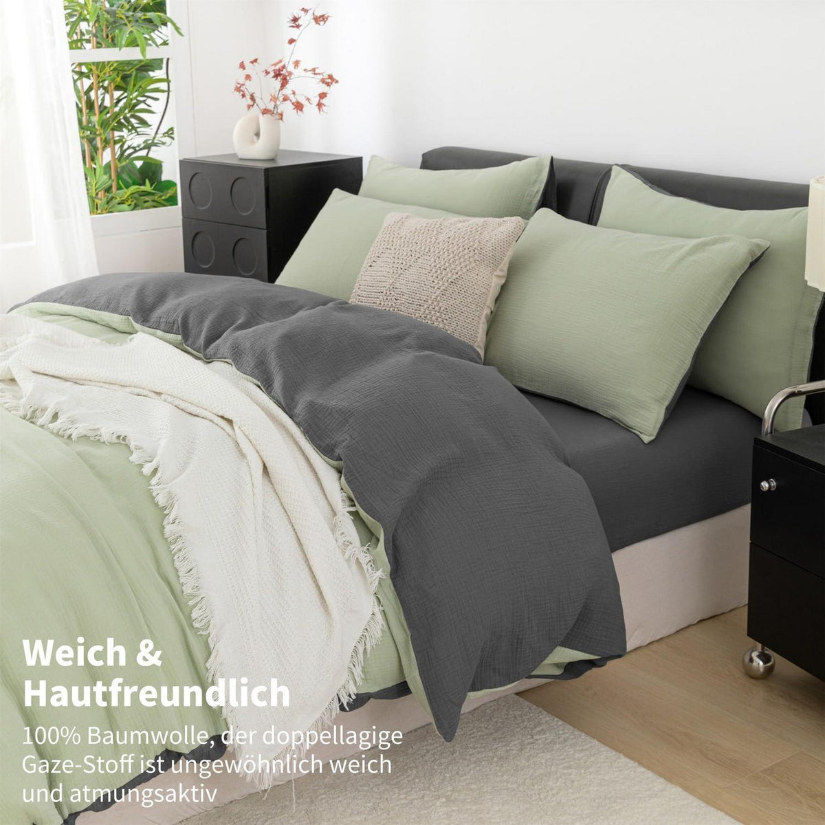 Doppelte Muslin Bettwäsche 155x220 Grün Grau – 3-teilig