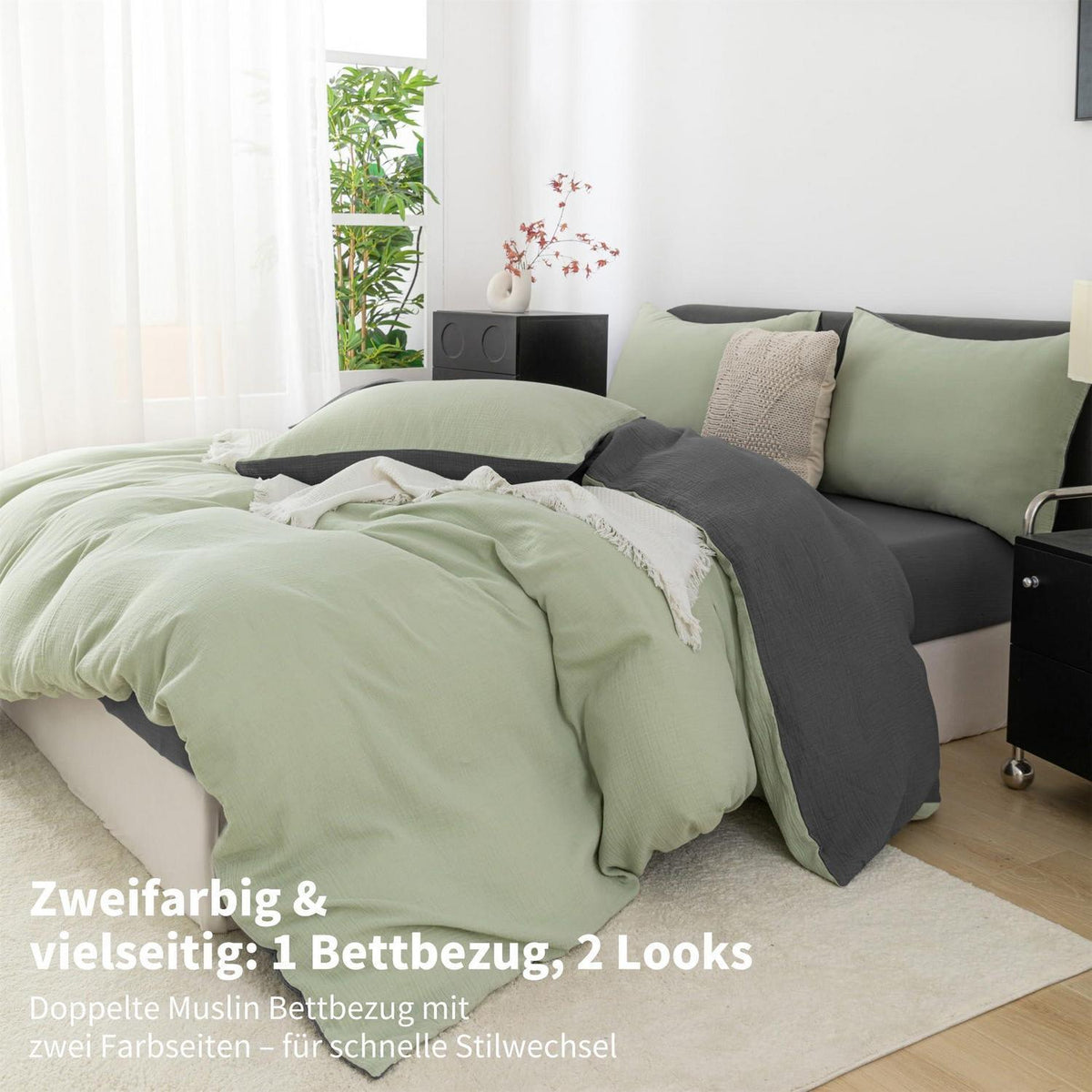 Doppelte Muslin Bettwäsche 155x220 Grün Grau – 3-teilig