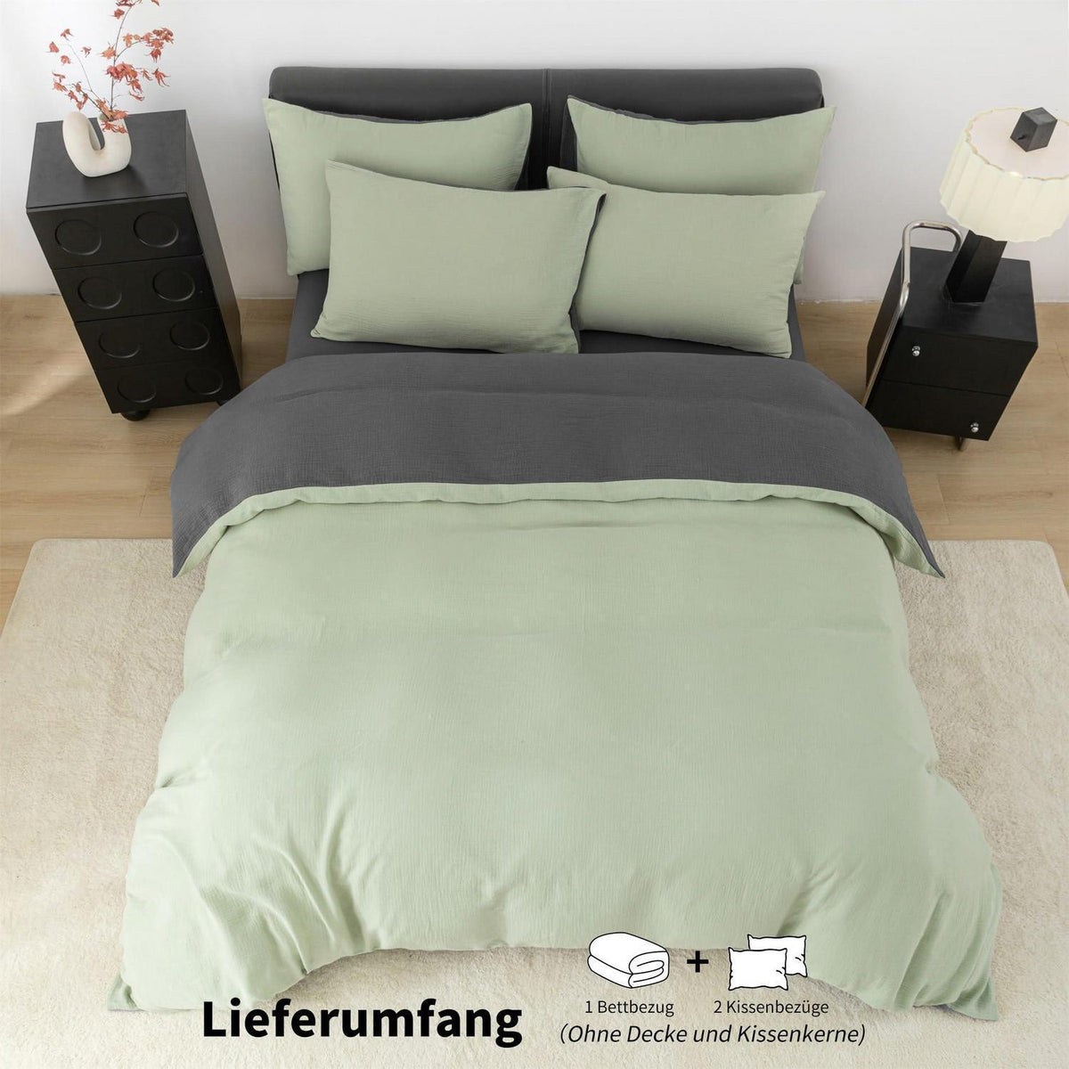 Doppelte Muslin Bettwäsche 155x220 Grün Grau – 3-teilig