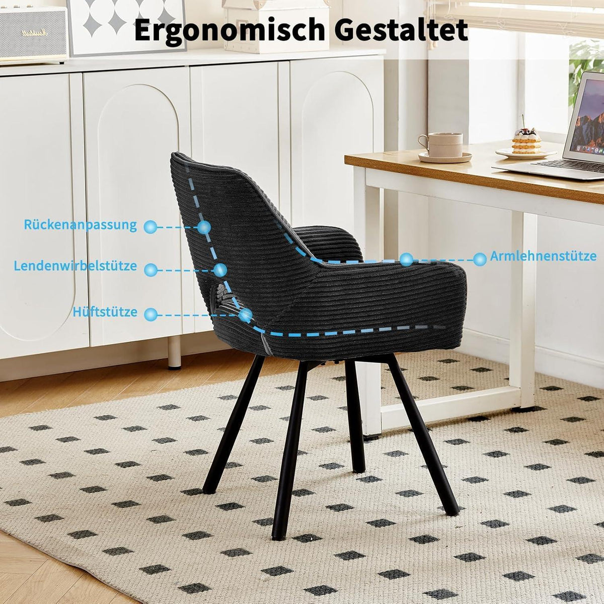 360° Drehbarer Esszimmerstuhl mit Armlehnen & Cordbezug Schwarz