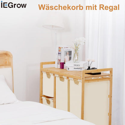 Wäschekorb 3 Fächer mit Ablage aus Bambus, 150L