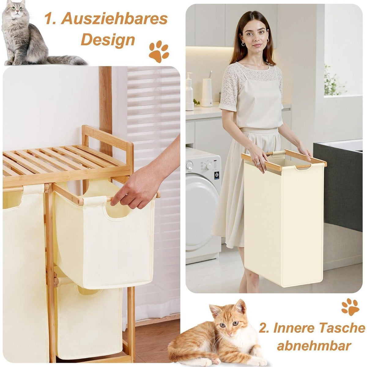 Wäschekorb 3 Fächer mit Ablage aus Bambus, 150L