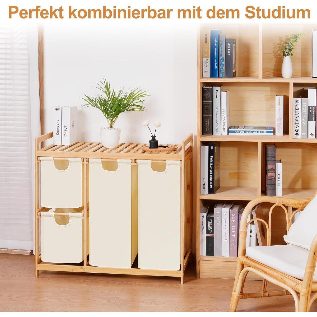 Wäschekorb 3 Fächer mit Ablage aus Bambus, 150L
