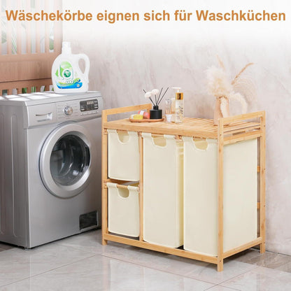 Wäschekorb 3 Fächer mit Ablage aus Bambus, 150L