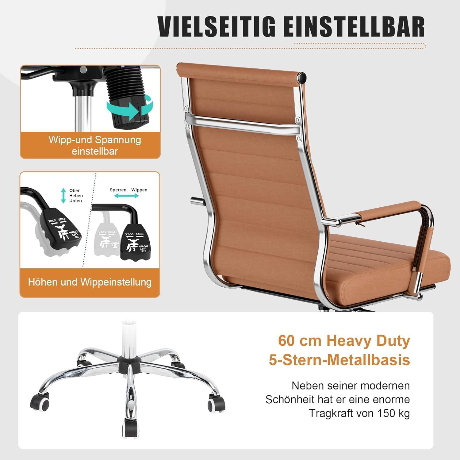 Bürostuhl 150kg belastbar mit Wippfunktion ergonomisch höhenverstellbar braun