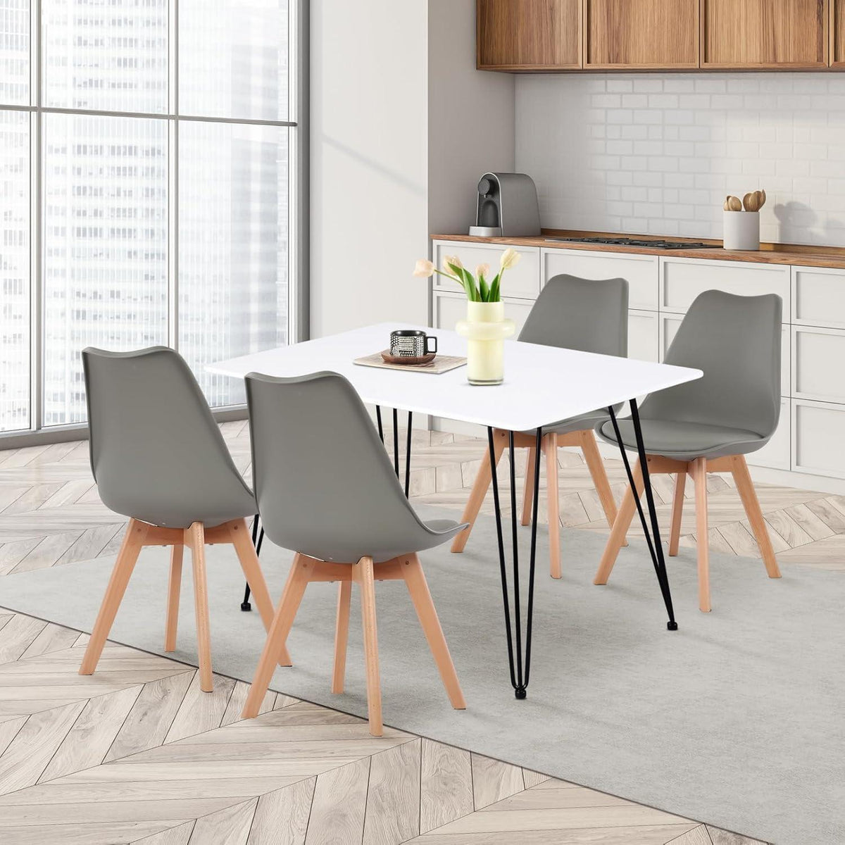 Skandinavischer Esszimmerstuhl Retro Grau – 4er Set mit Polsterung