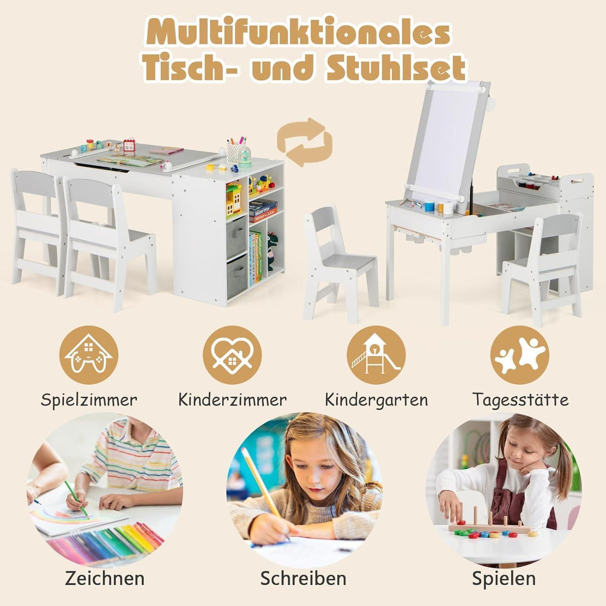 Kindertisch mit Stühlen und Stauraum, kippbar, Grau