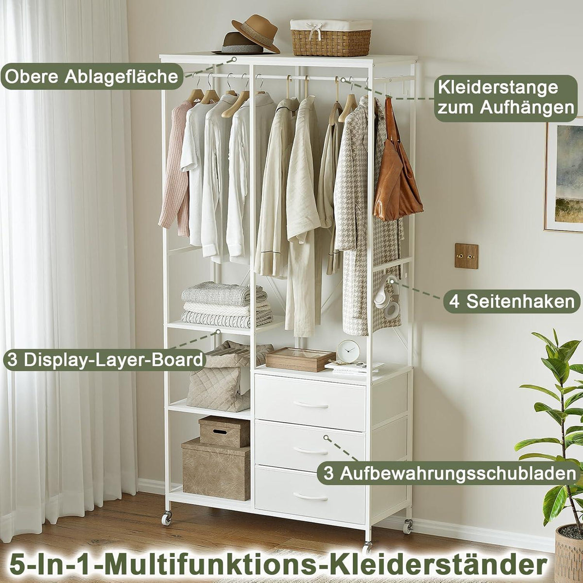 Fahrbarer Kleiderständer mit Schubladen & Haken – Weiß