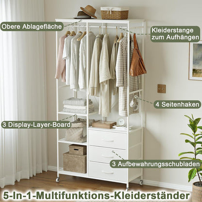Fahrbarer Kleiderständer mit Schubladen & Haken – Weiß