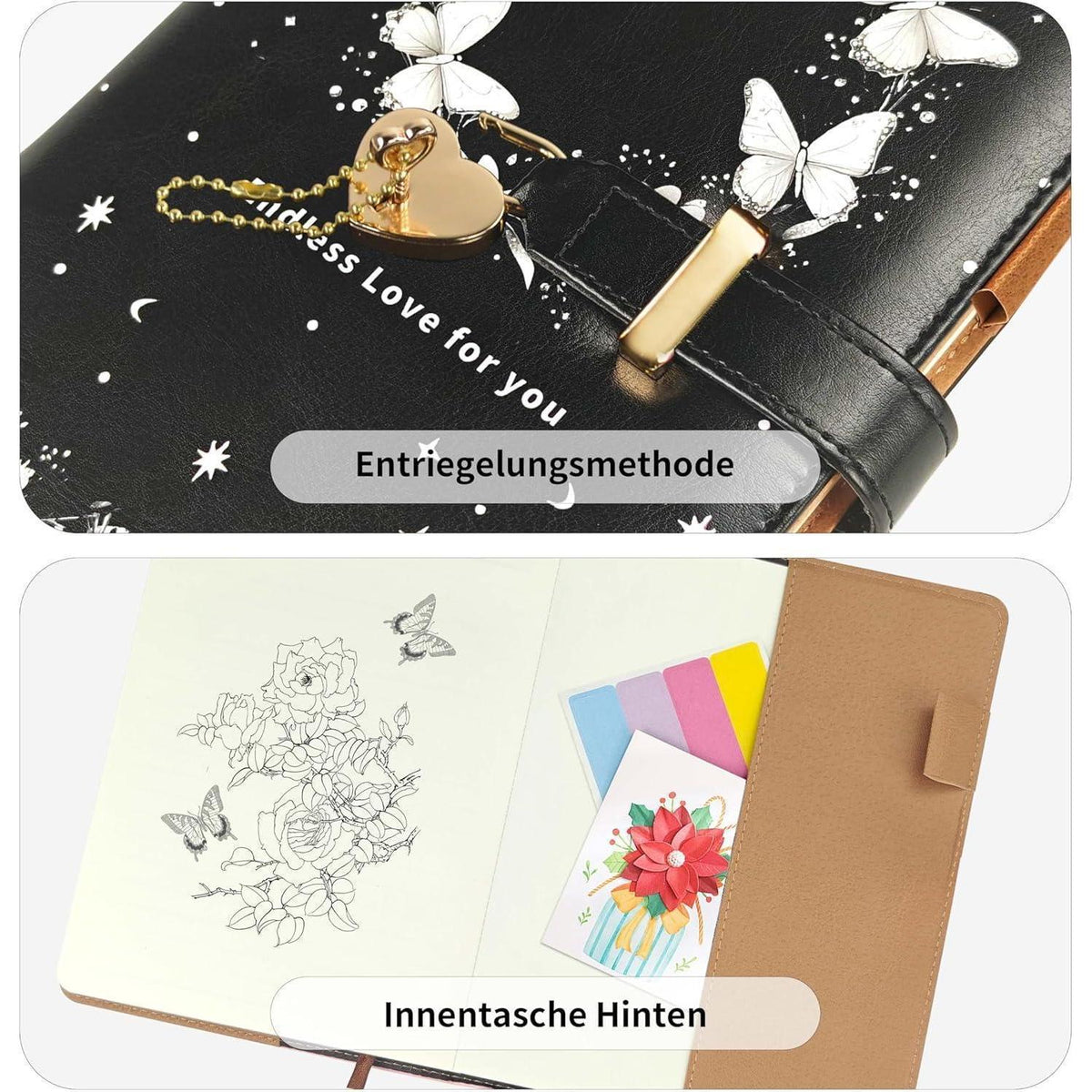 Tagebuch mit Herzschloss & Schmetterling – A5 Notizbuch mit Linien