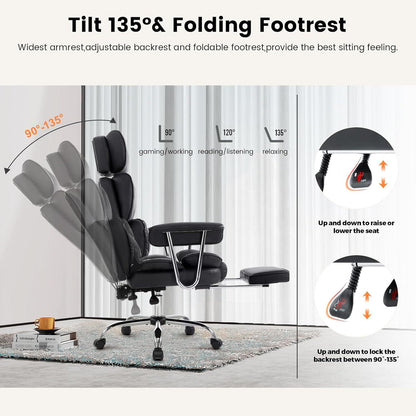 Ergonomischer Bürostuhl mit Fußstütze, Lendenwirbelstütze, PU Leder, 180KG