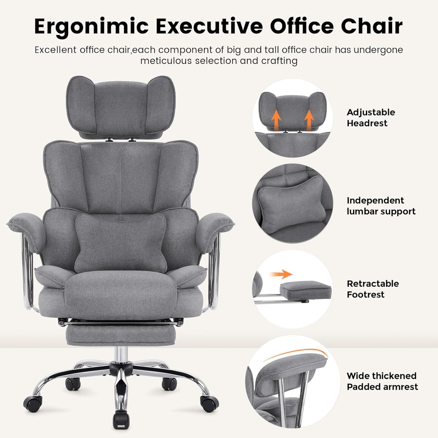 IWMH Bürostuhl Ergonomischer mit Fußstütze Lendenwirbelstütze Chefsessel 180KG Drehstuhl Armlehnen Kopfstütze Höhenverstellbarer Grau