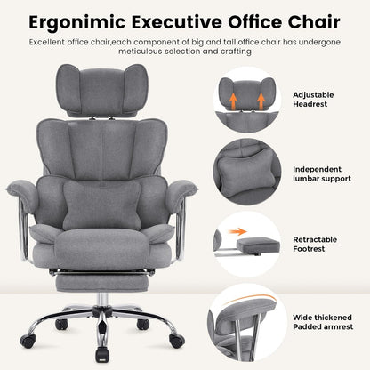 IWMH Bürostuhl Ergonomischer mit Fußstütze Lendenwirbelstütze Chefsessel 180KG Drehstuhl Armlehnen Kopfstütze Höhenverstellbarer Grau