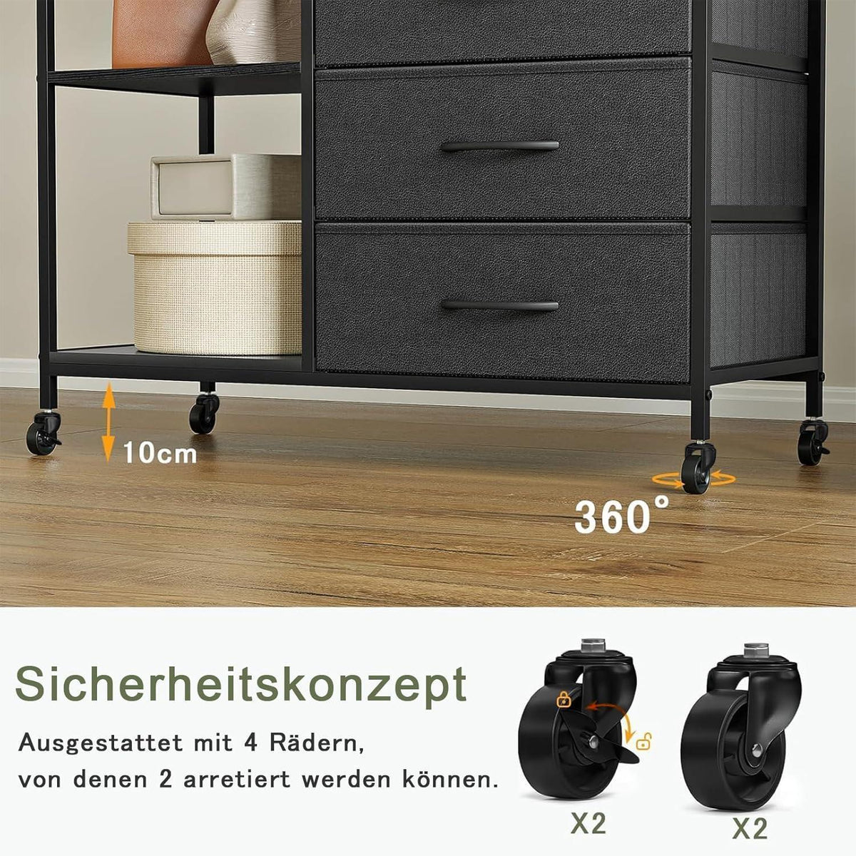 Kleiderständer rollbar mit Schubladen & Haken – Schwarz