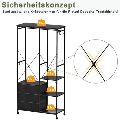 Kleiderständer rollbar mit Schubladen & Haken – Schwarz