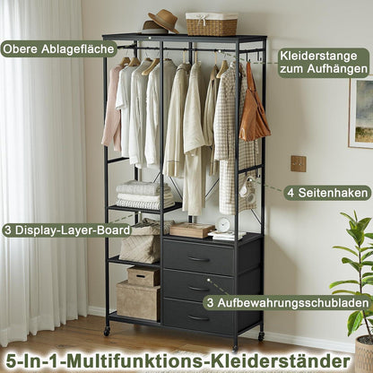 Kleiderständer rollbar mit Schubladen & Haken – Schwarz