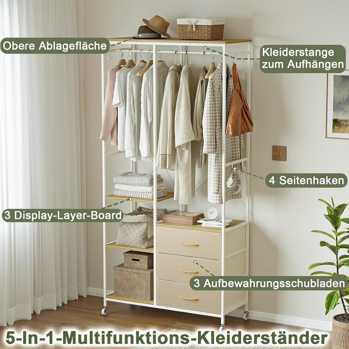 Fahrbarer Kleiderständer mit Schubladen & Haken – Beige