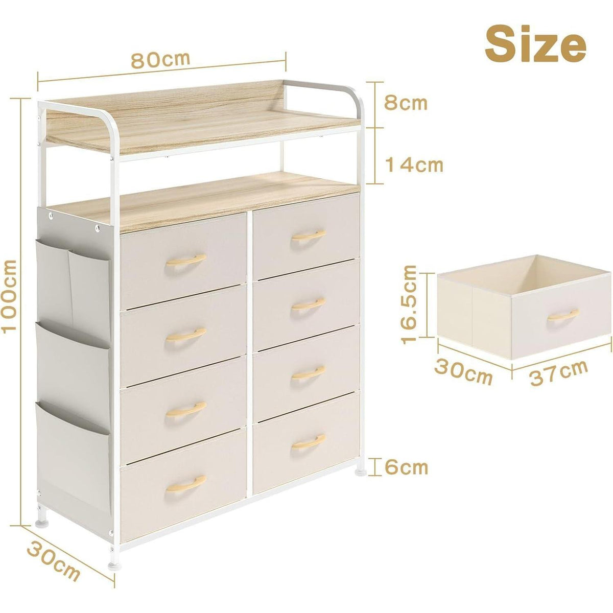 Kommode mit 8 Schubladen & Regal – Beige Aufbewahrungsmöbel